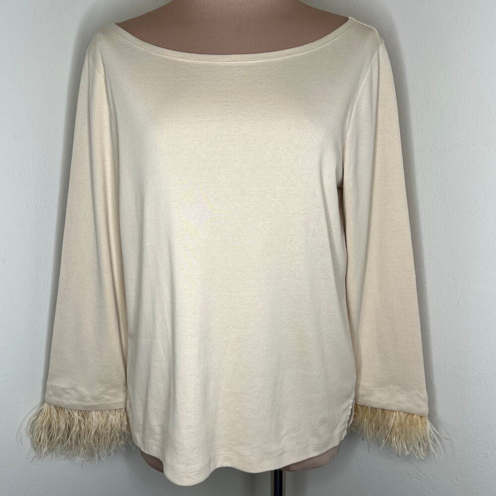 J.Crew Top Medium Womens Feather Trim Cotton Cream Boat Neck Long Sleeve Shirt